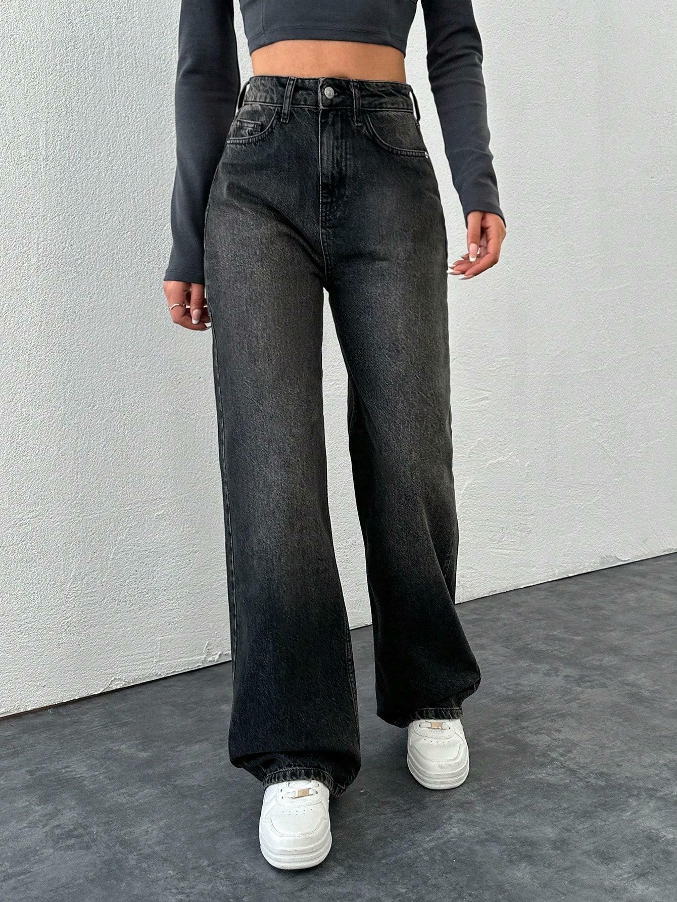 spodnie z wysokim stanem jeans szeroka nogawka kieszenie