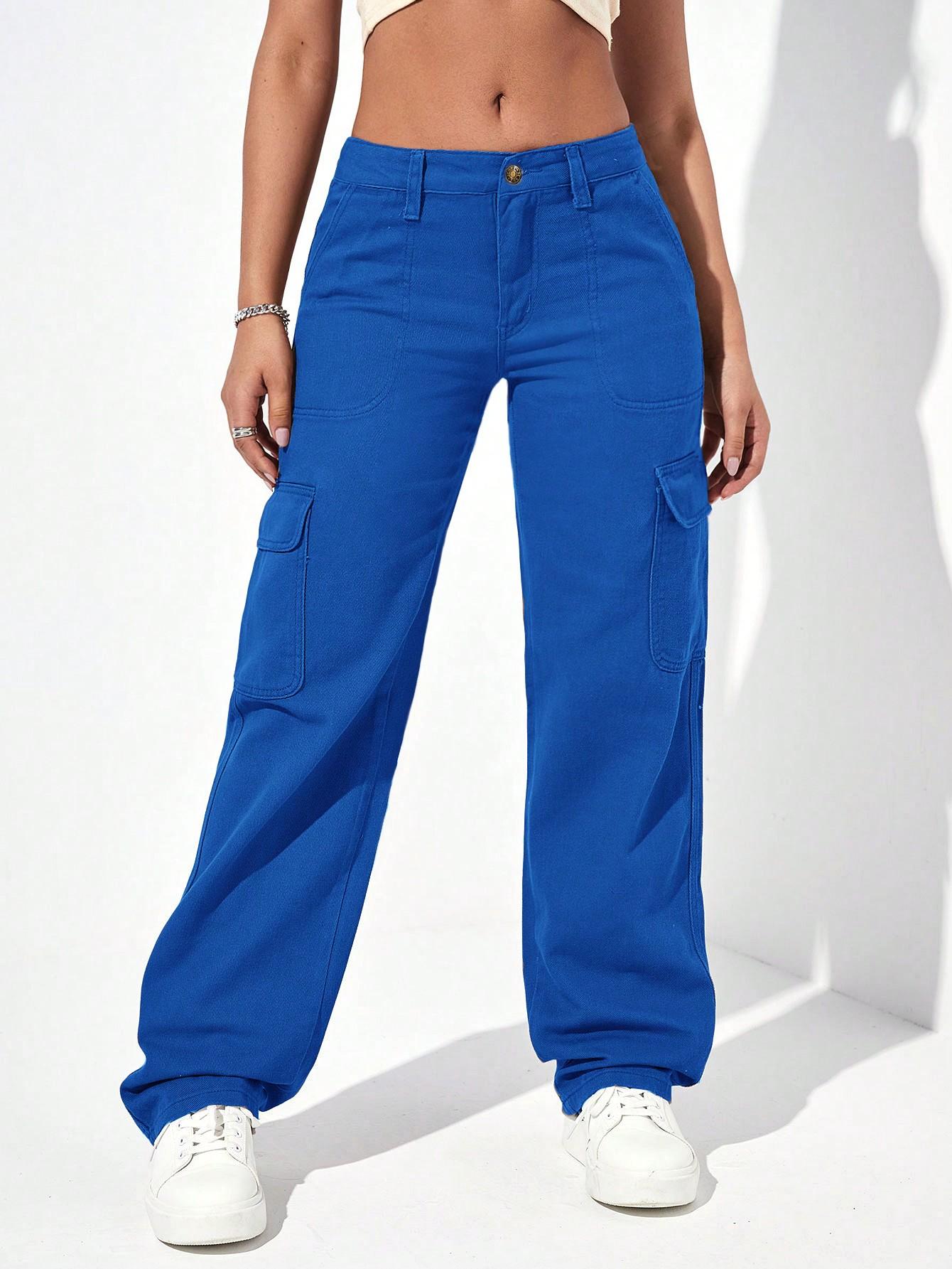 niebieskie spodnie cargo jeans kieszenie wysoki stan 