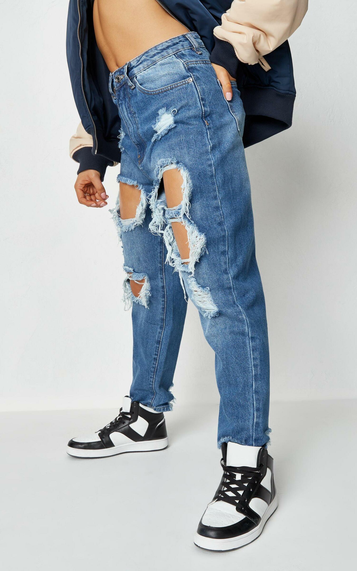 SPODNIE z wysokim stanem JEANS RIPPED kieszenie