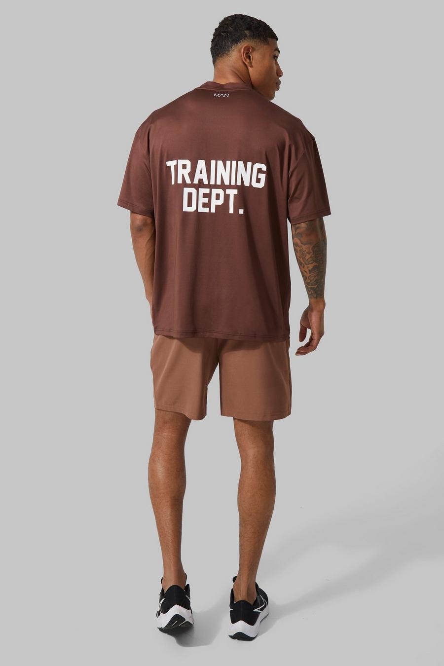 BRĄZOWY T-SHIRT NADRUK TRAINING DEPT OKRĄGŁY DEKOLT