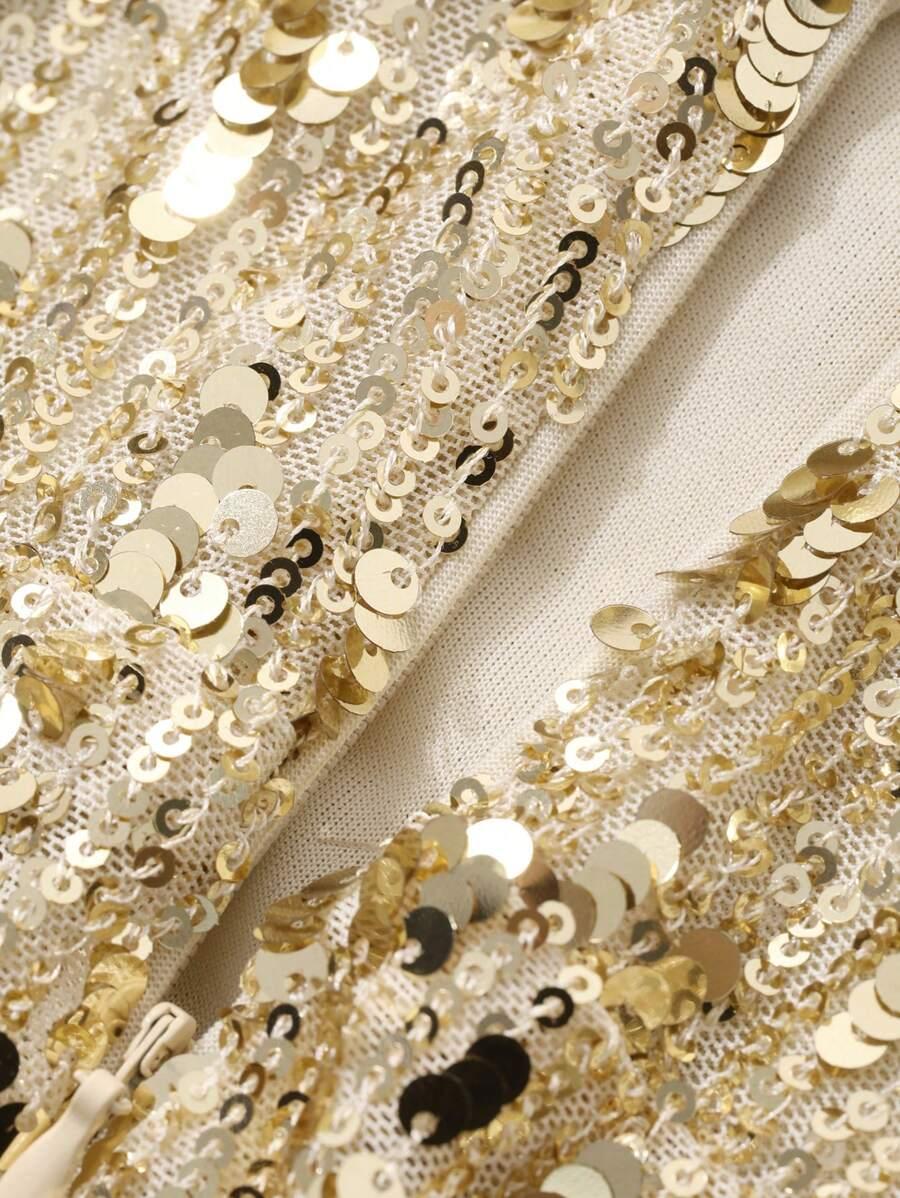 ELEGANCKA DAMSKA SUKIENKA Z CEKINAMI OKRĄGŁYM DEKOLTEM 