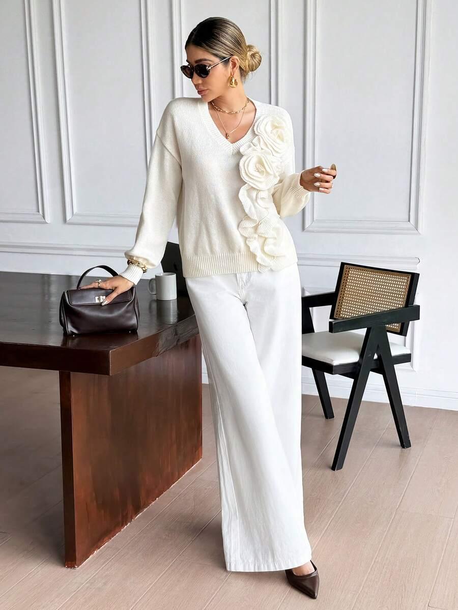 KREMOWY SWETER V NECK 