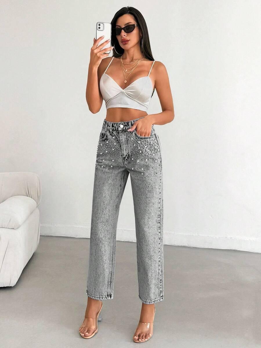 SZARE SPODNIE JEANS ZDOBIENIE
