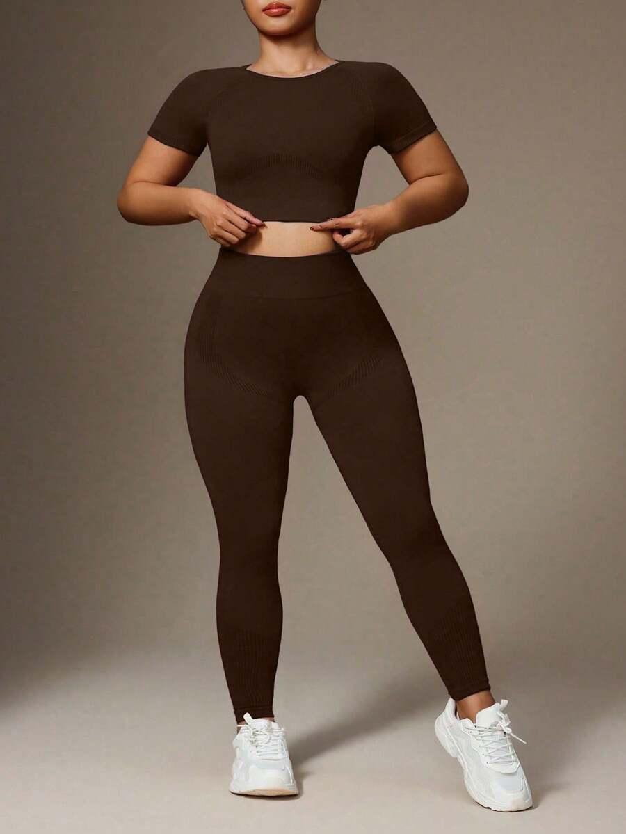 brązowa bluzka legginsy komplet