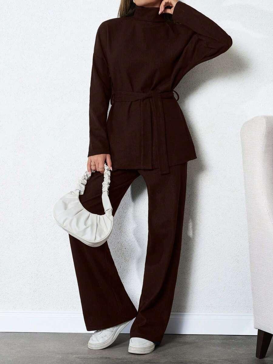 BRĄZOWY KOMPLET SWETER SPODNIE 