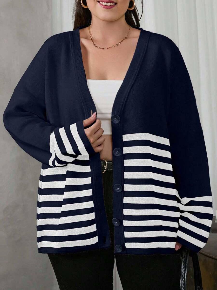 granatowy sweter v neck wzór paski