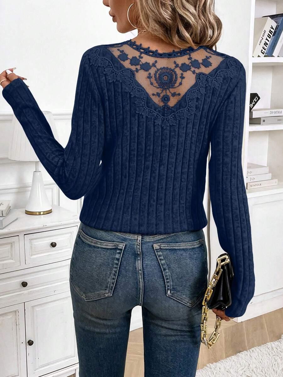 GRANATOWA DZIANINOWA BLUZKA V NECK