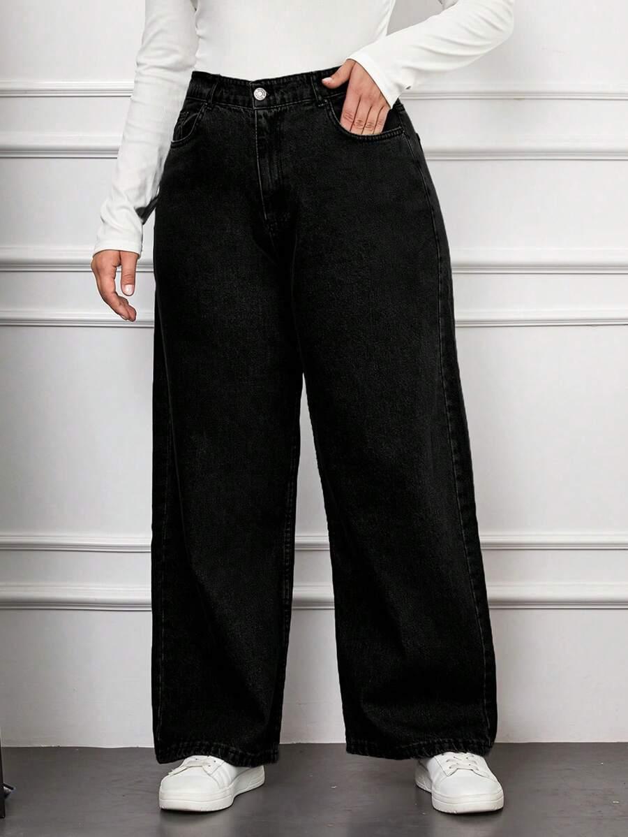 CZARNE SPODNIE JEANS SZEROKIE NOGAWKI