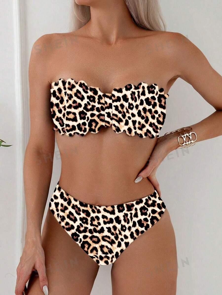 STRÓJ KĄPIELOWY KOMPLET ANIMAL PRINT BANDEAU FALBANKI