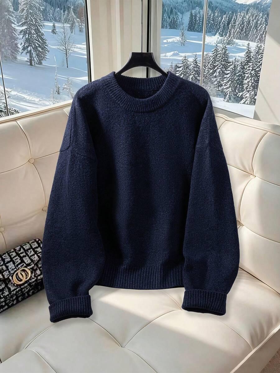 GRANATOWY SWETER OKRĄGŁY DEKOLT 