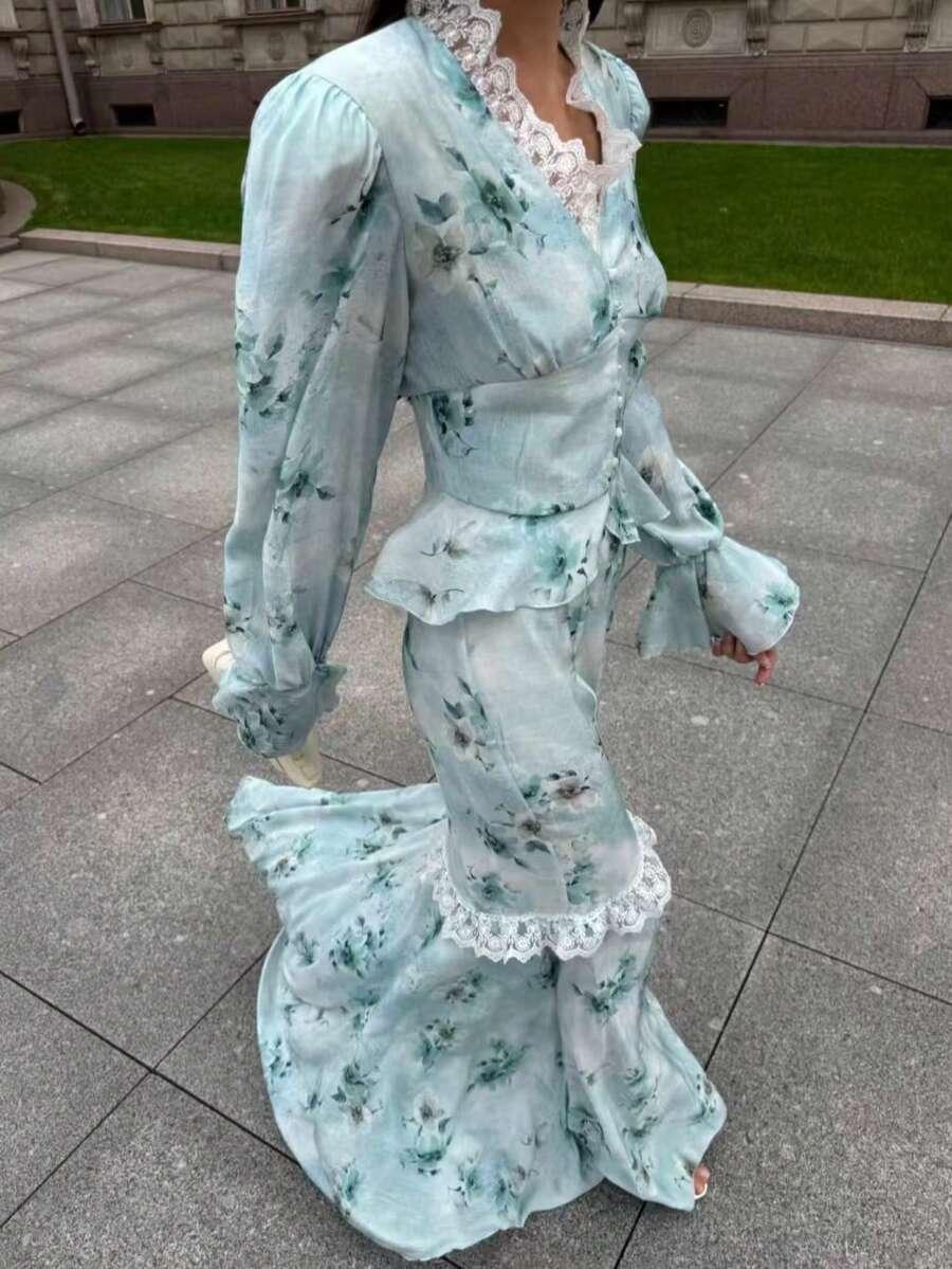 komplet bluzka spódnica wzór kwiaty