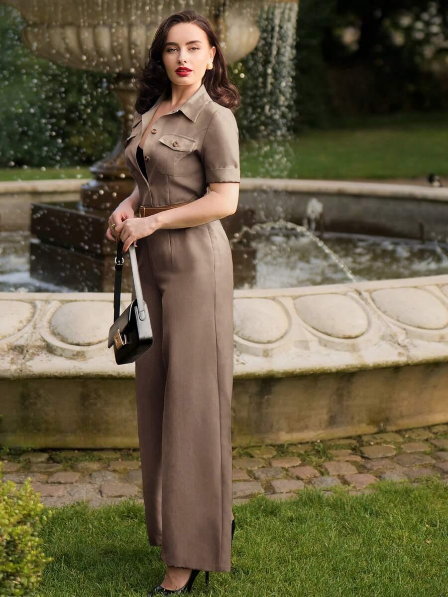  ELEGANCKI DAMSKI KOMBINEZON Z KOŁNIERZEM 