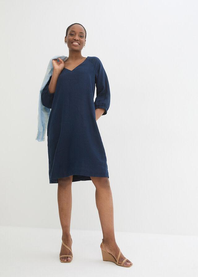 lniana sukienka v-neck rękaw 3/4