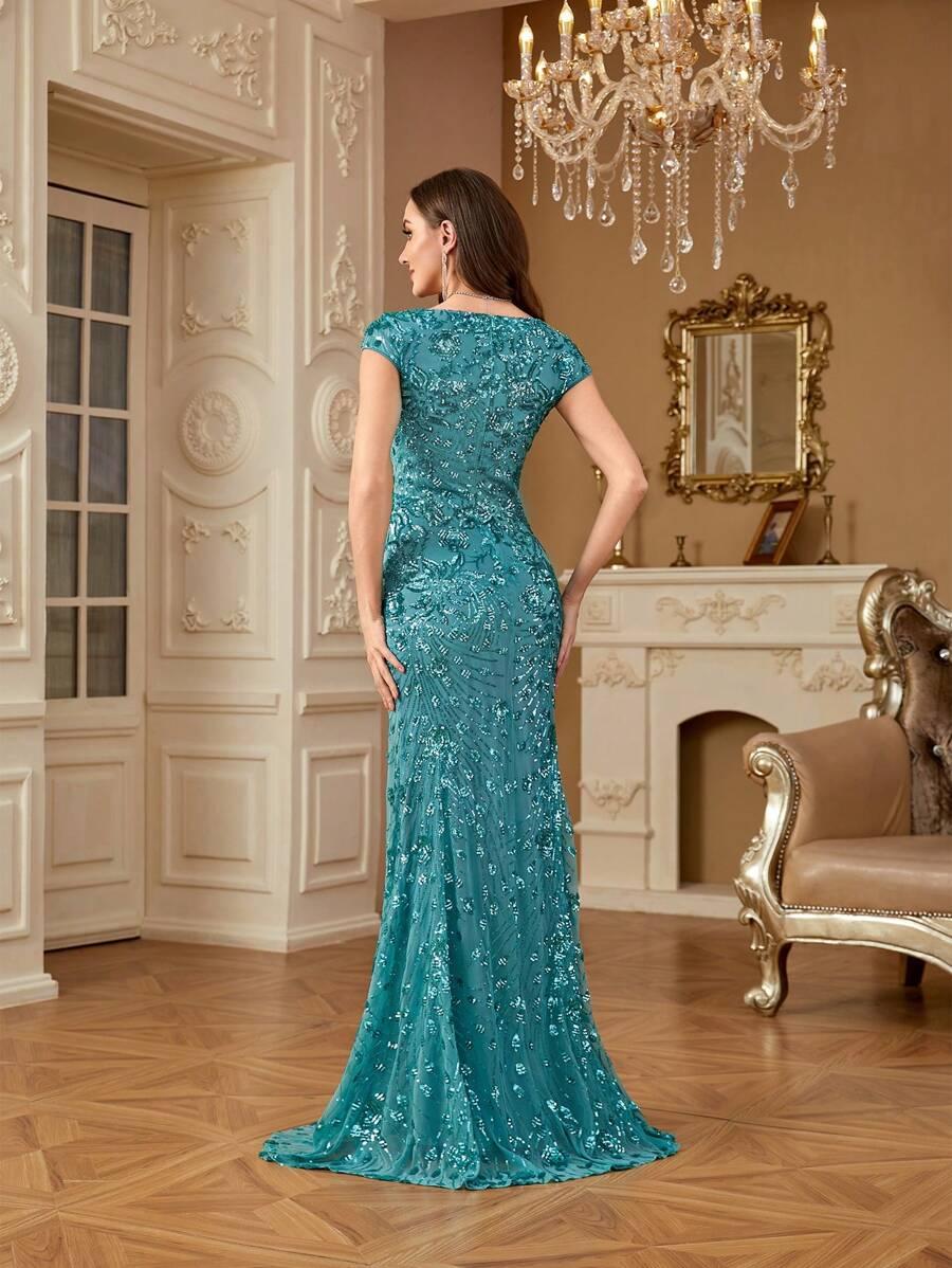 zdobiona maxi sukienka v neck połysk 