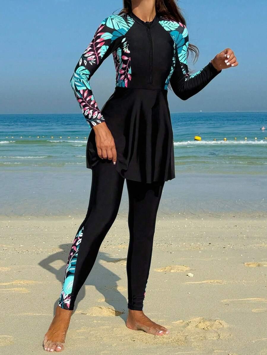 DWUCZĘŚCIOWY STRÓJ KĄPIELOWYTROPICAL PRINT SPODNIE SUKIENKA