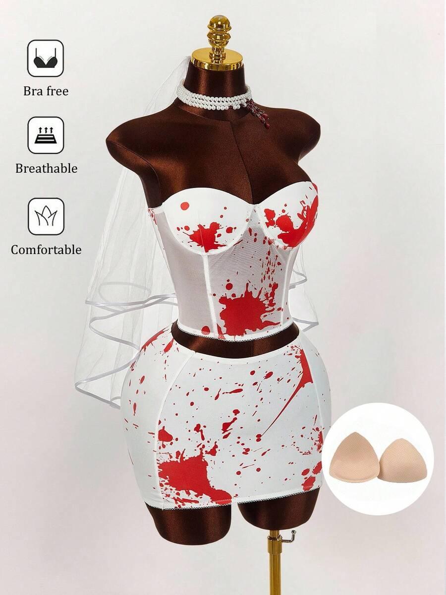 STRÓJ HALLOWEEN BIUSTONOSZ BANDEAU I MINI SPÓDNICZKA