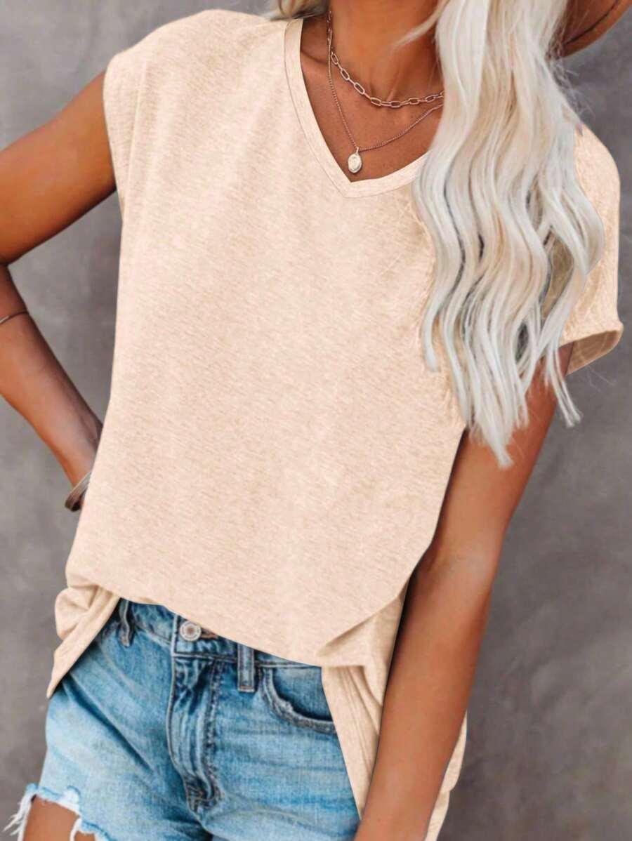 KREMOWY T-SHIRT V-NECK