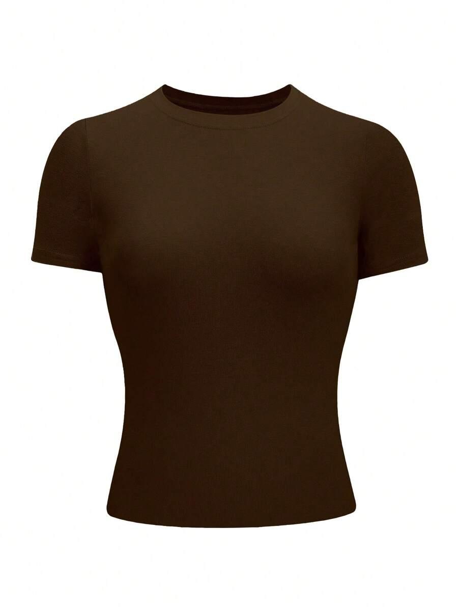 BRĄZOWY T-SHIRT OKRĄGŁY DEKOLT 