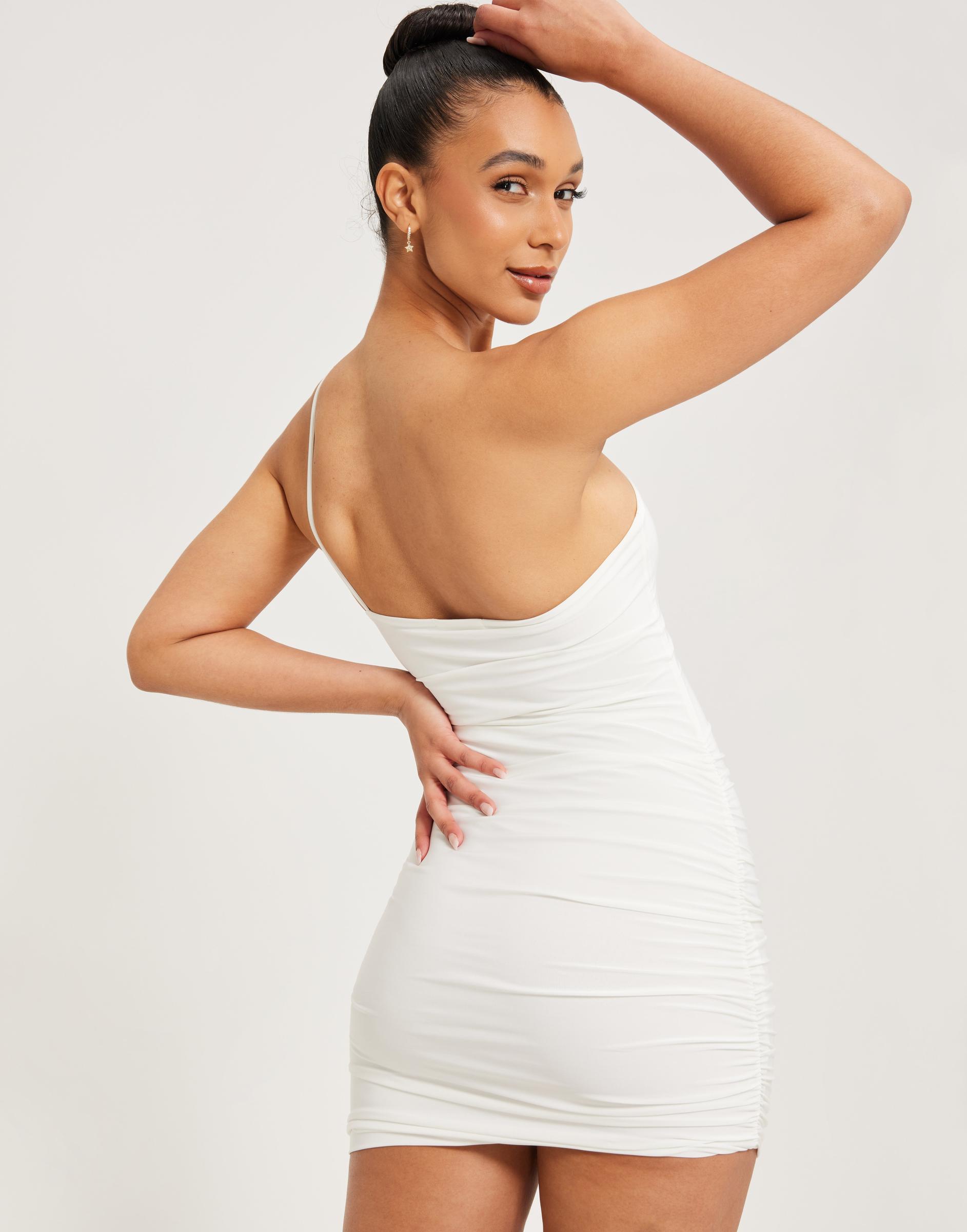 biała asymetryczna mini sukienka marszczenia