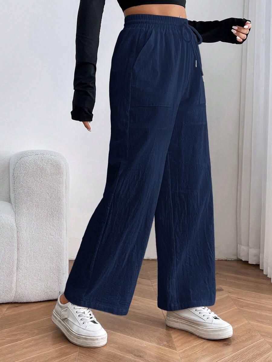 granatowe spodnie casual wiązanie