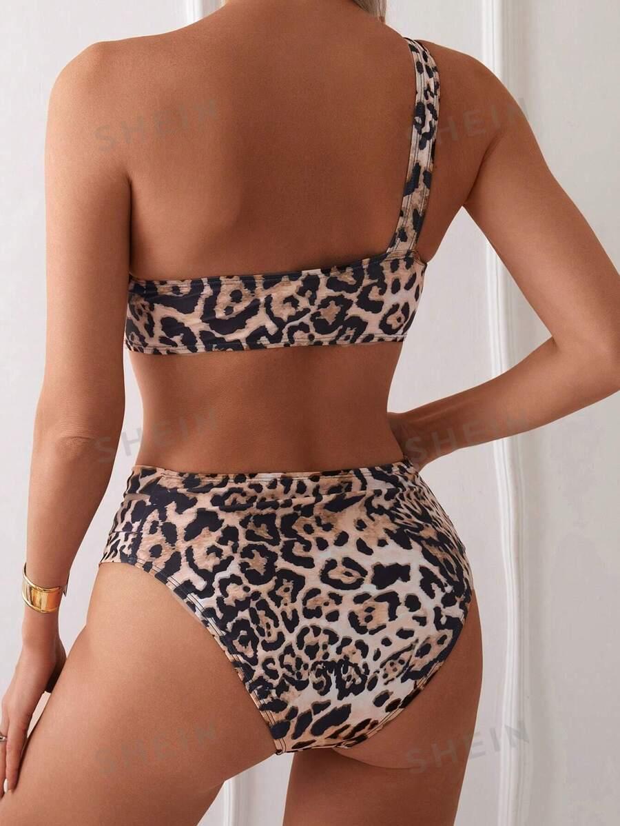 góra od bikini animal print top na jedno ramie asymetria 