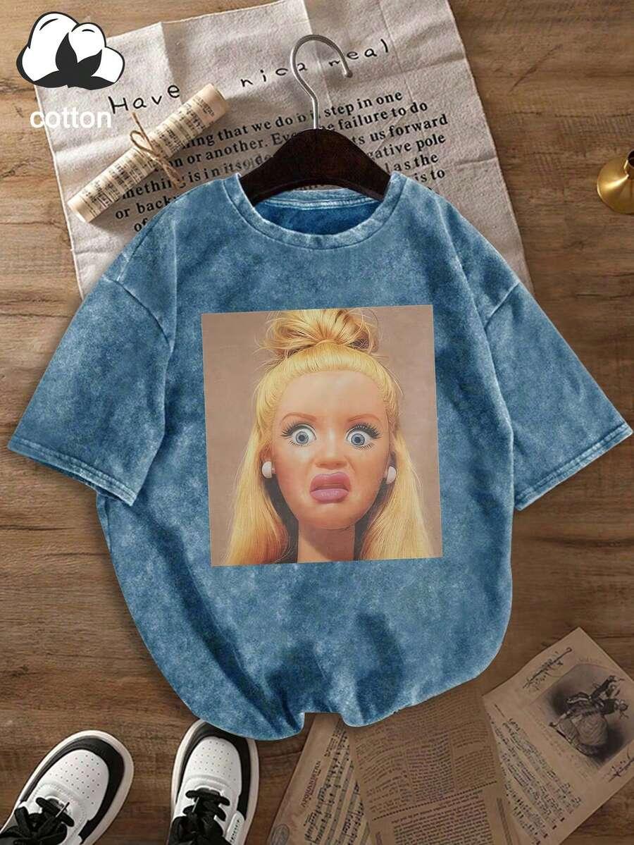 niebieski t-shirt nadruk