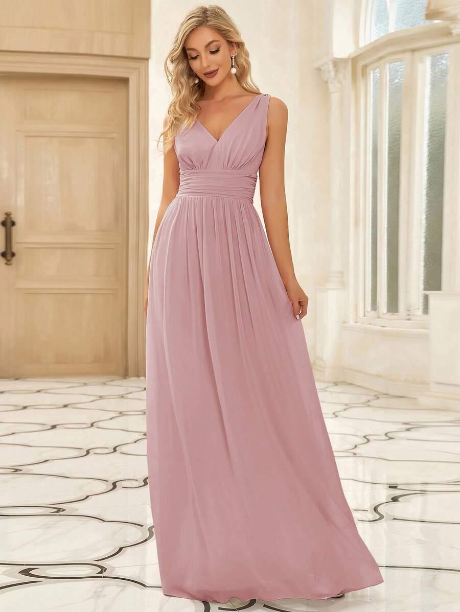 różowa maxi sukienka v-neck