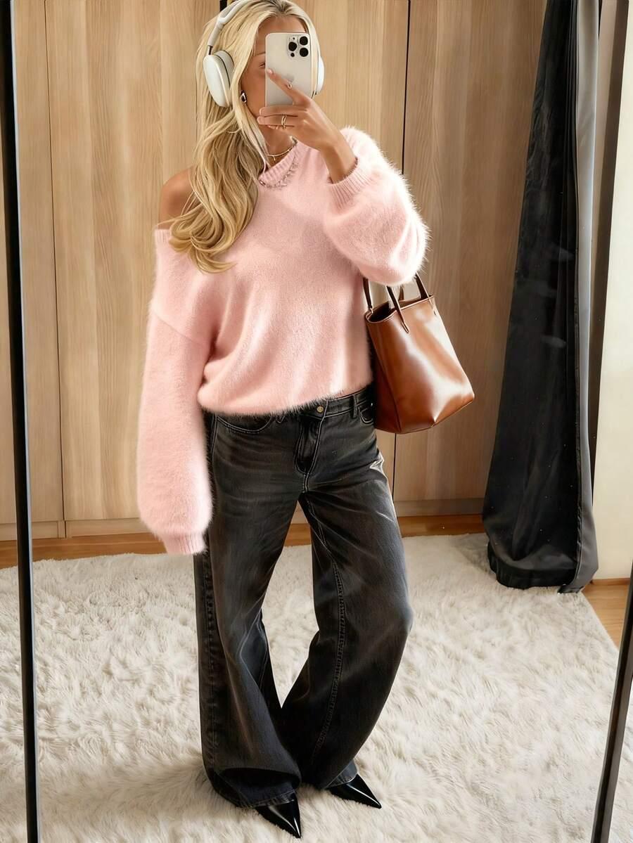 RÓŻOWY SWETER DŁUGI RĘKAW