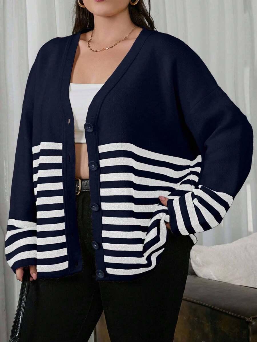 granatowy sweter v neck wzór paski