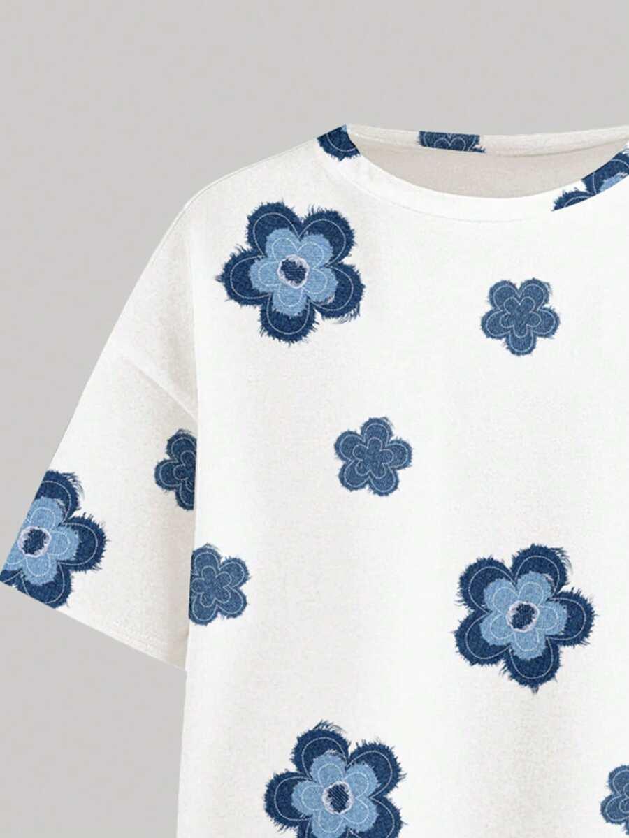 biały t-shirt wzór kwiaty