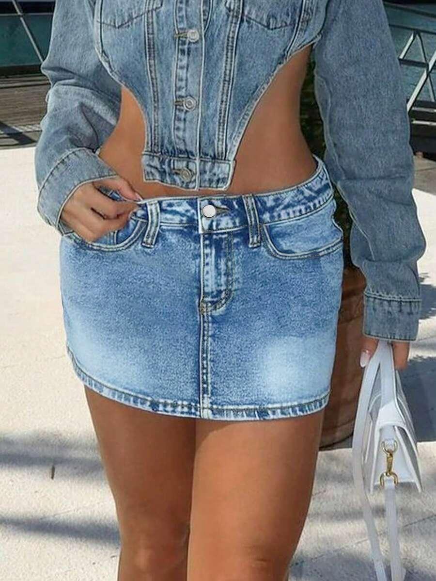 niebieska mini spódnica jeans