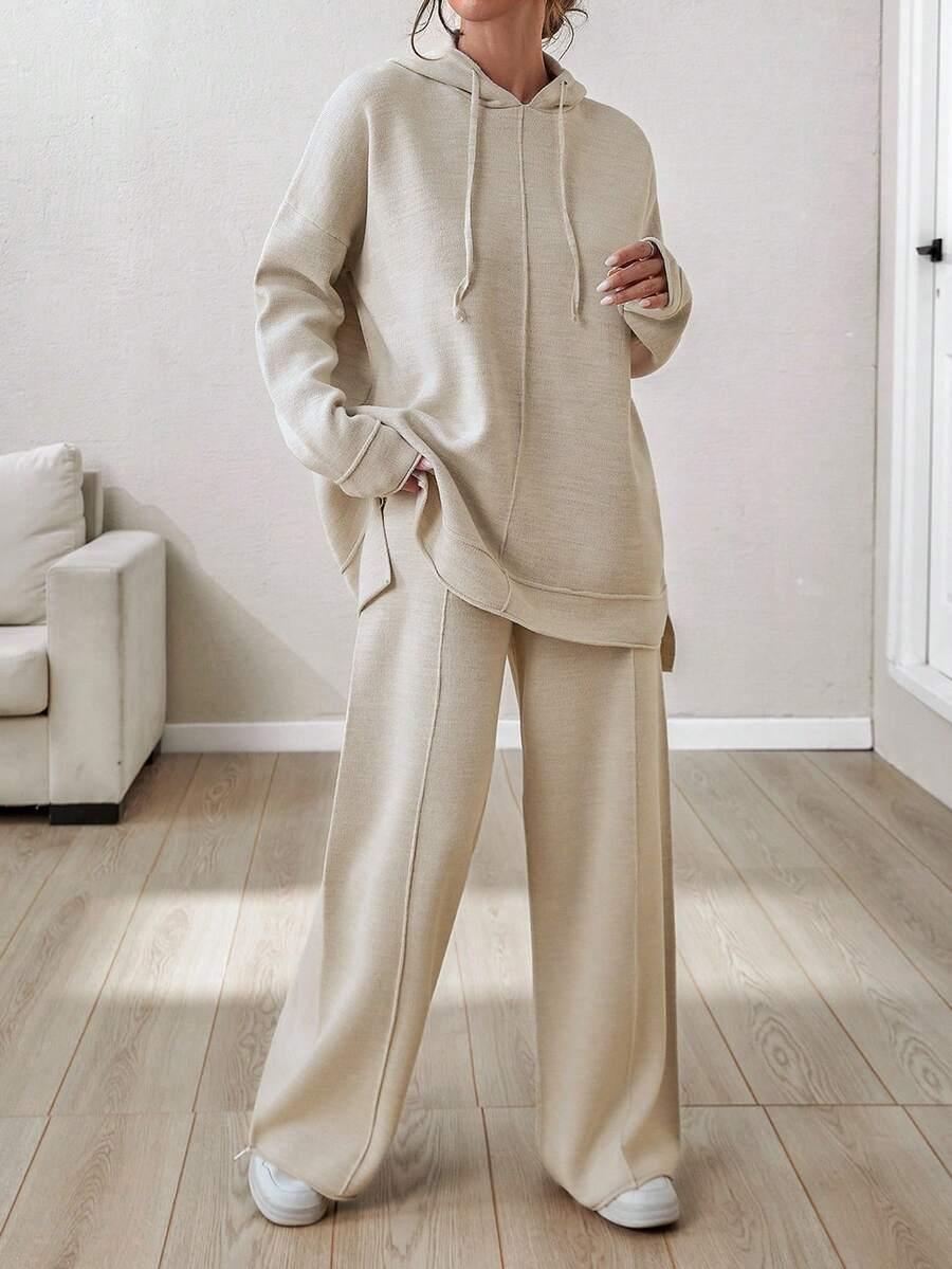BEŻOWY DZIANINOWY KOMPLET OVERSIZE SPODNIE BLUZA