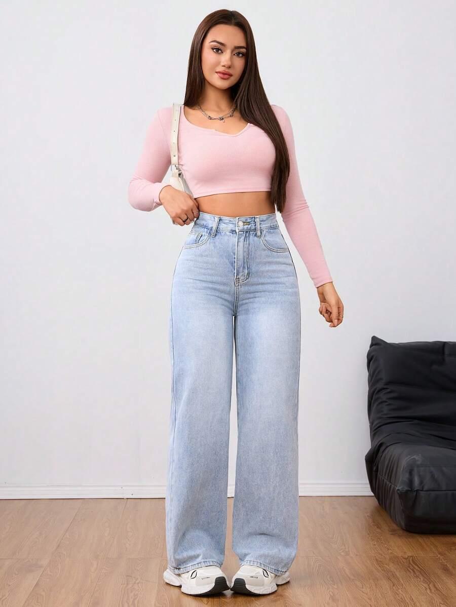 NIEBIESKIE SPODNIE JEANS SZEROKA NOGAWKA