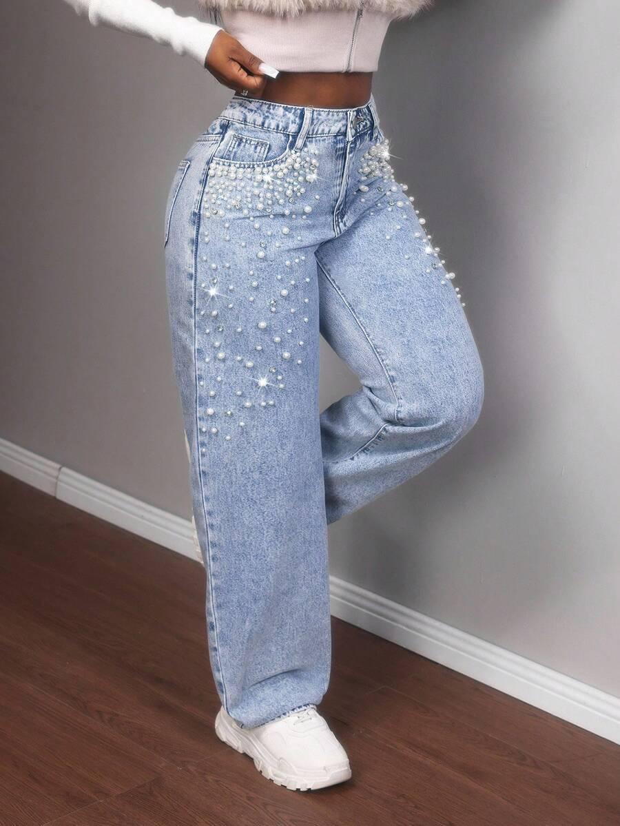 niebieskie spodnie jeans perełki