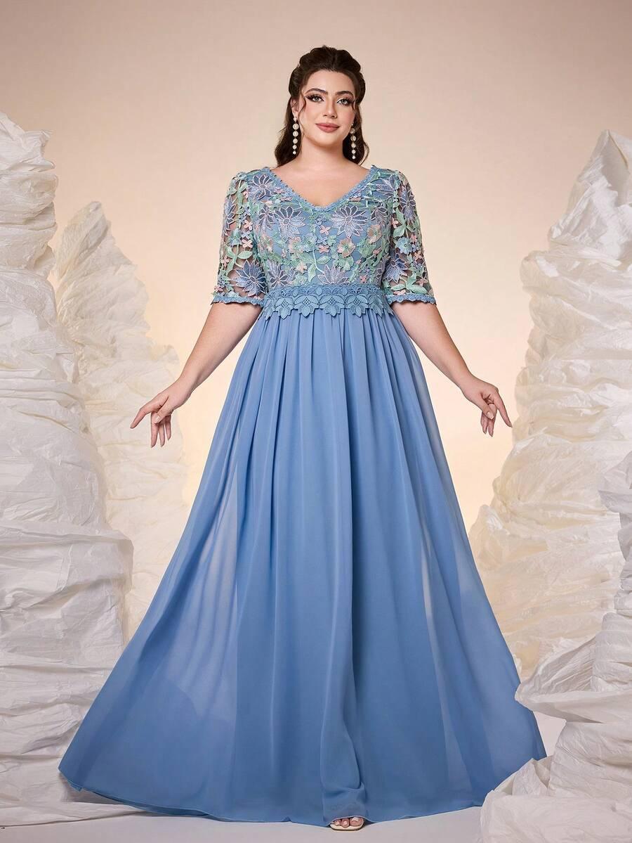 niebieska maxi sukienka haft łączenie v-neck