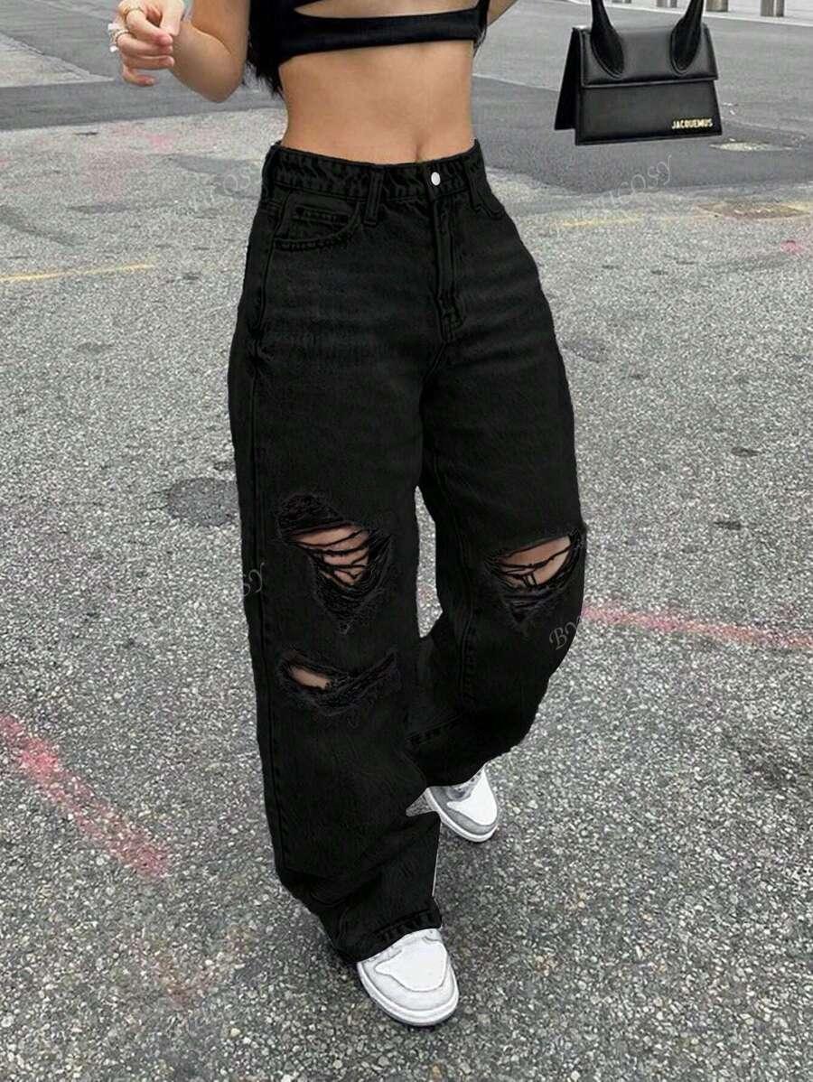 czarne spodnie jeans przetarcia