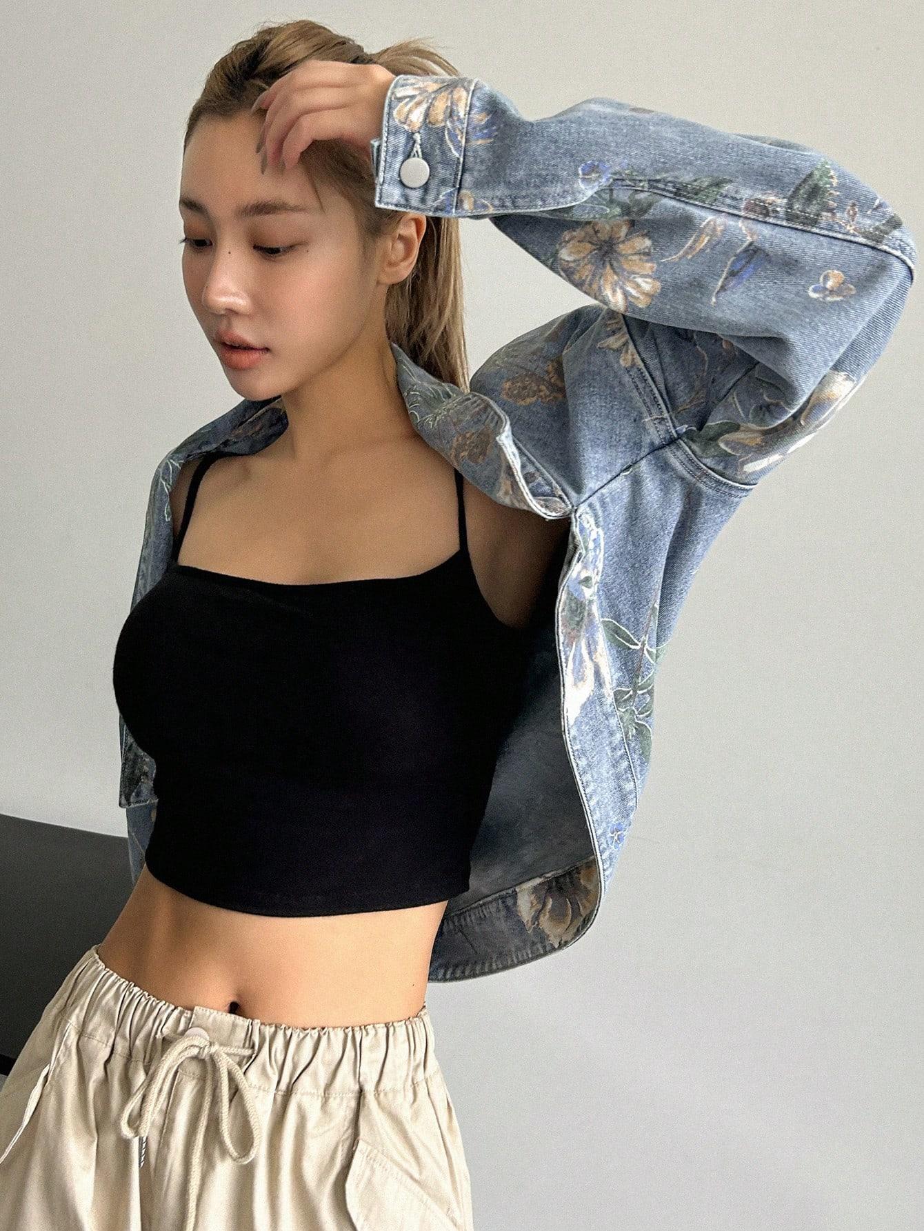kurtka jeans wzór kwiaty