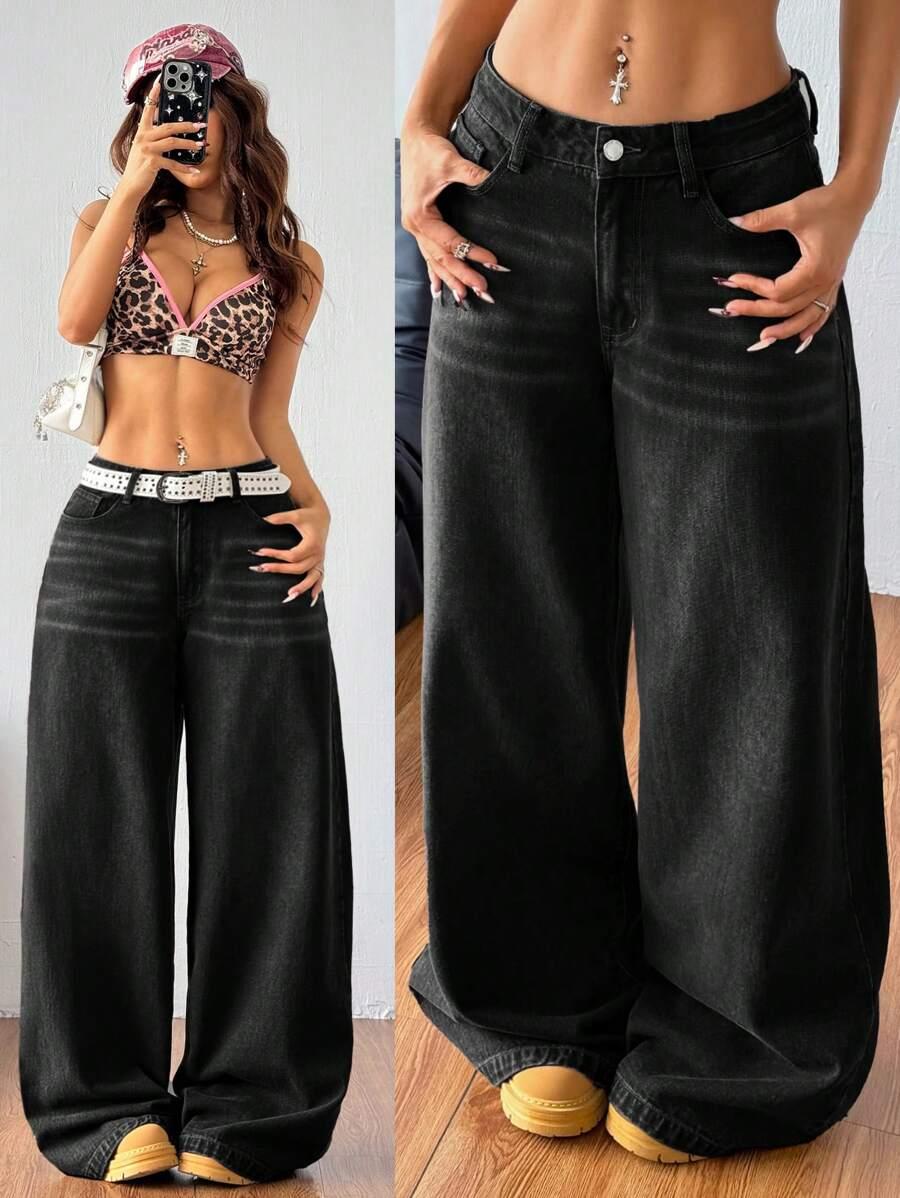 CZARNE SPODNIE JEANS Z SZEROKIMI NOGAWKAMI
