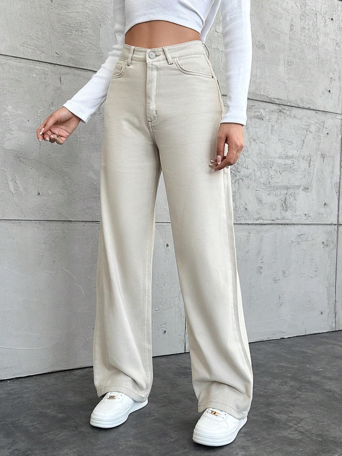 KREMOWE spodnie  JEANS PROSTA NOGAWKA
