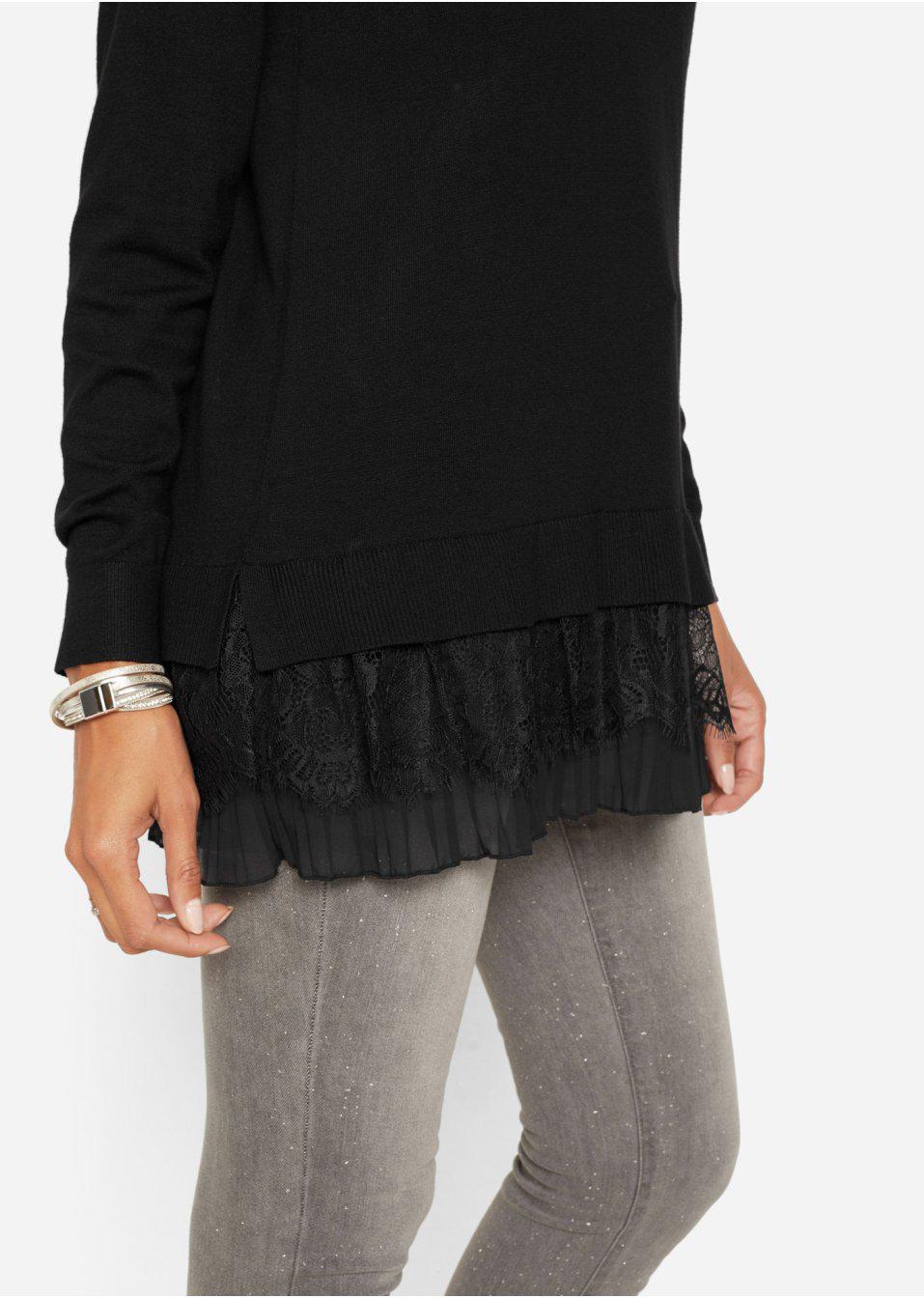 SWETER DAMSKI Z KORONKĄ I PLISOWANĄ WSTAWKĄ