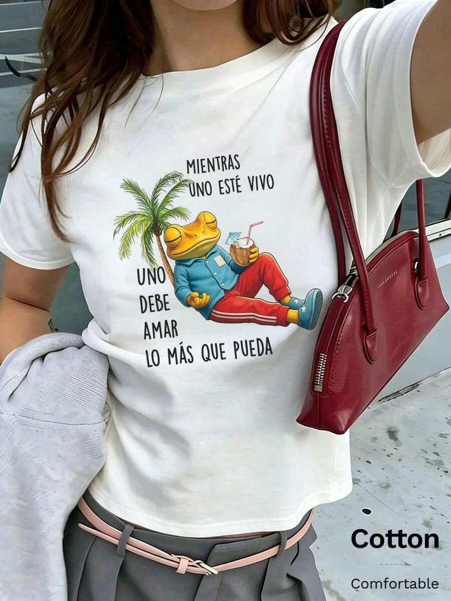 biały t-shirt z nadrukiem okrągły dekolt