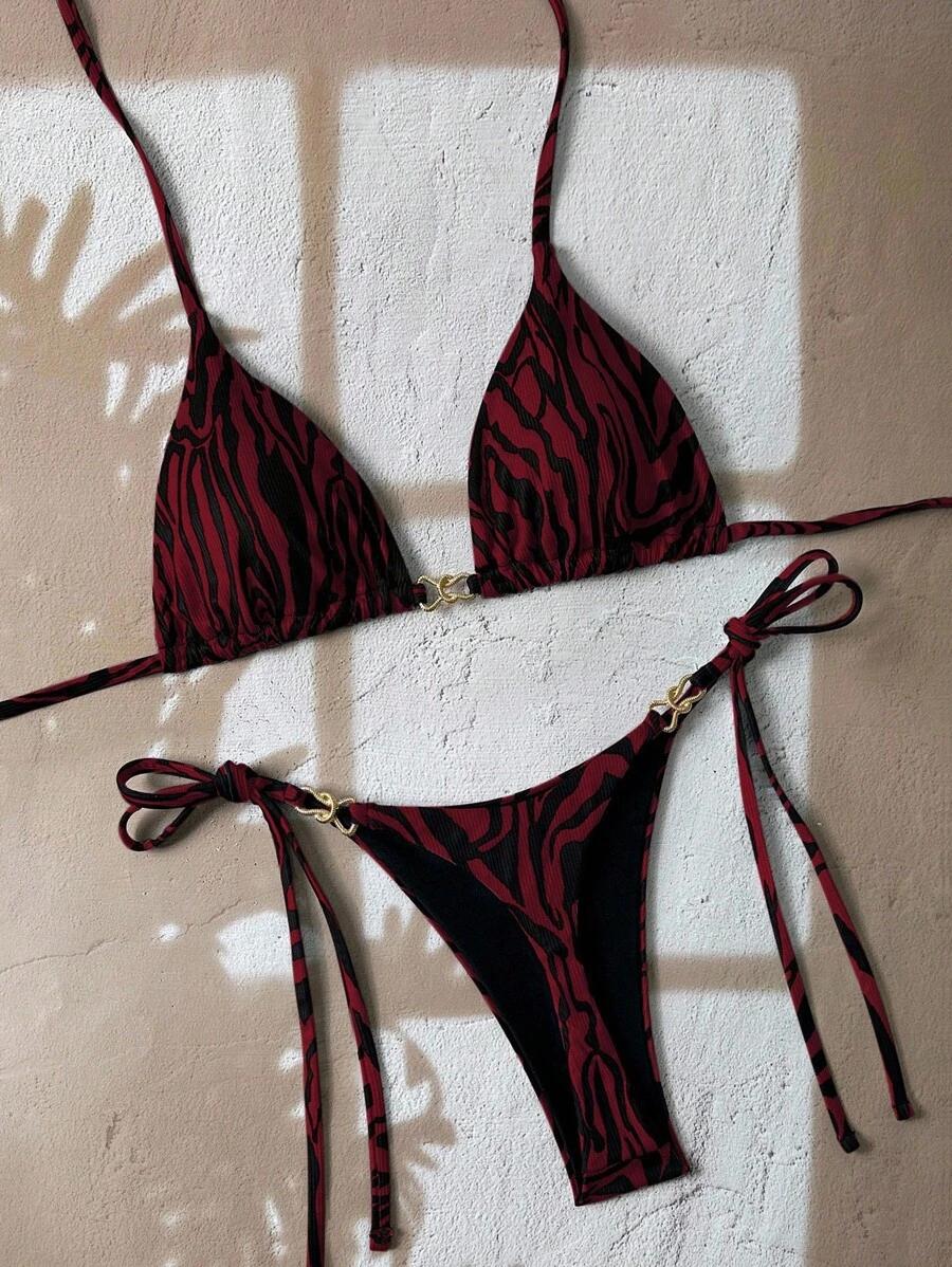 czerwony dwuczęściowy strój kąpielowy animal print 