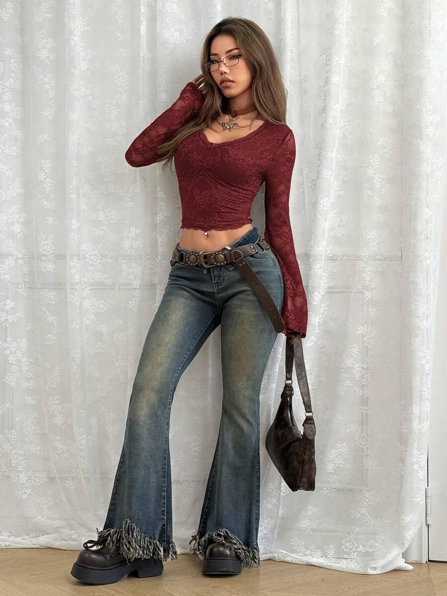BORDOWA BLUZKA V-NECK KORONKA