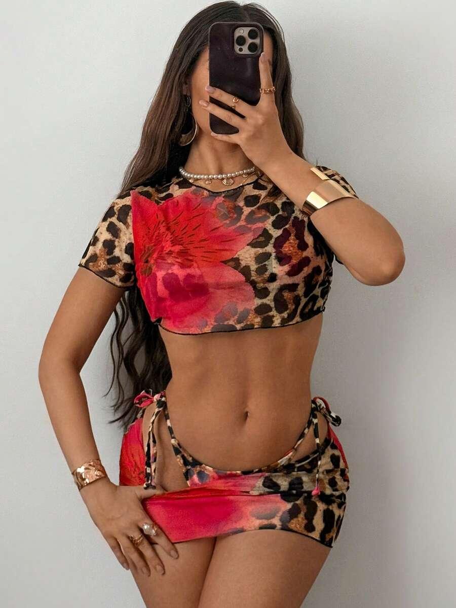 4-CZĘŚCIOWY STRÓJ KĄPIELOWY ANIMAL PRINT KOMPLET