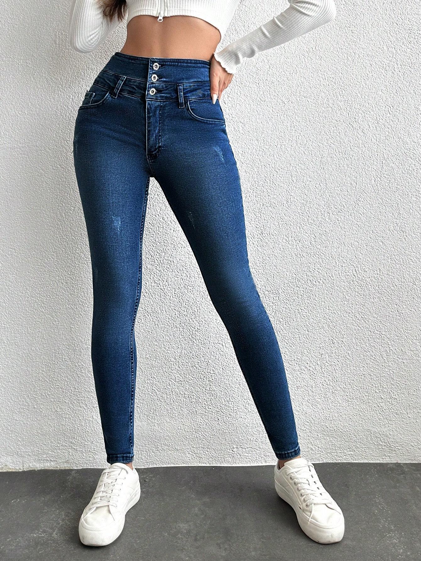 spodnie jeans rurki wysoki stan guziki