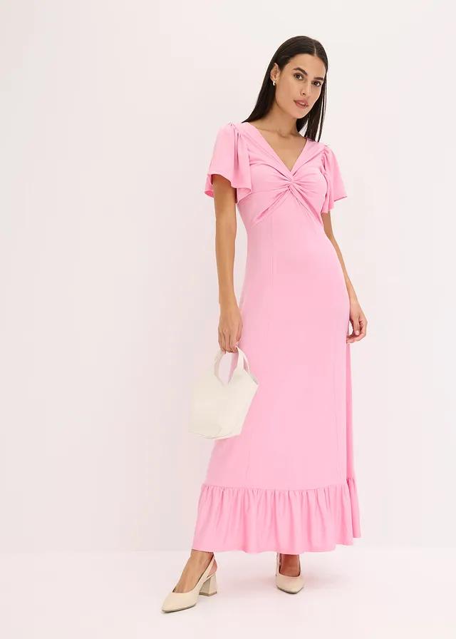 RÓŻOWA MAXI SUKIENKA V NECK SPLOT 