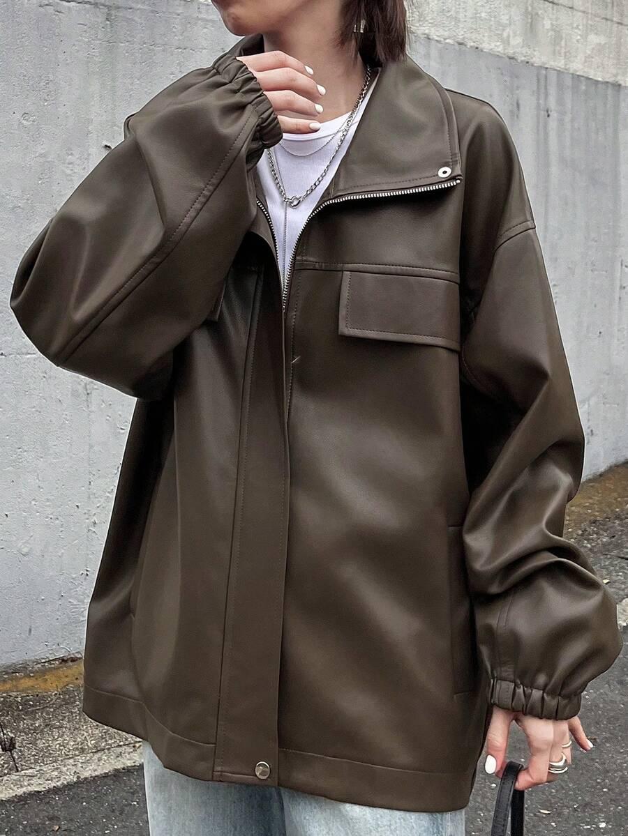 brązowa kurtka oversize imitacja skóry