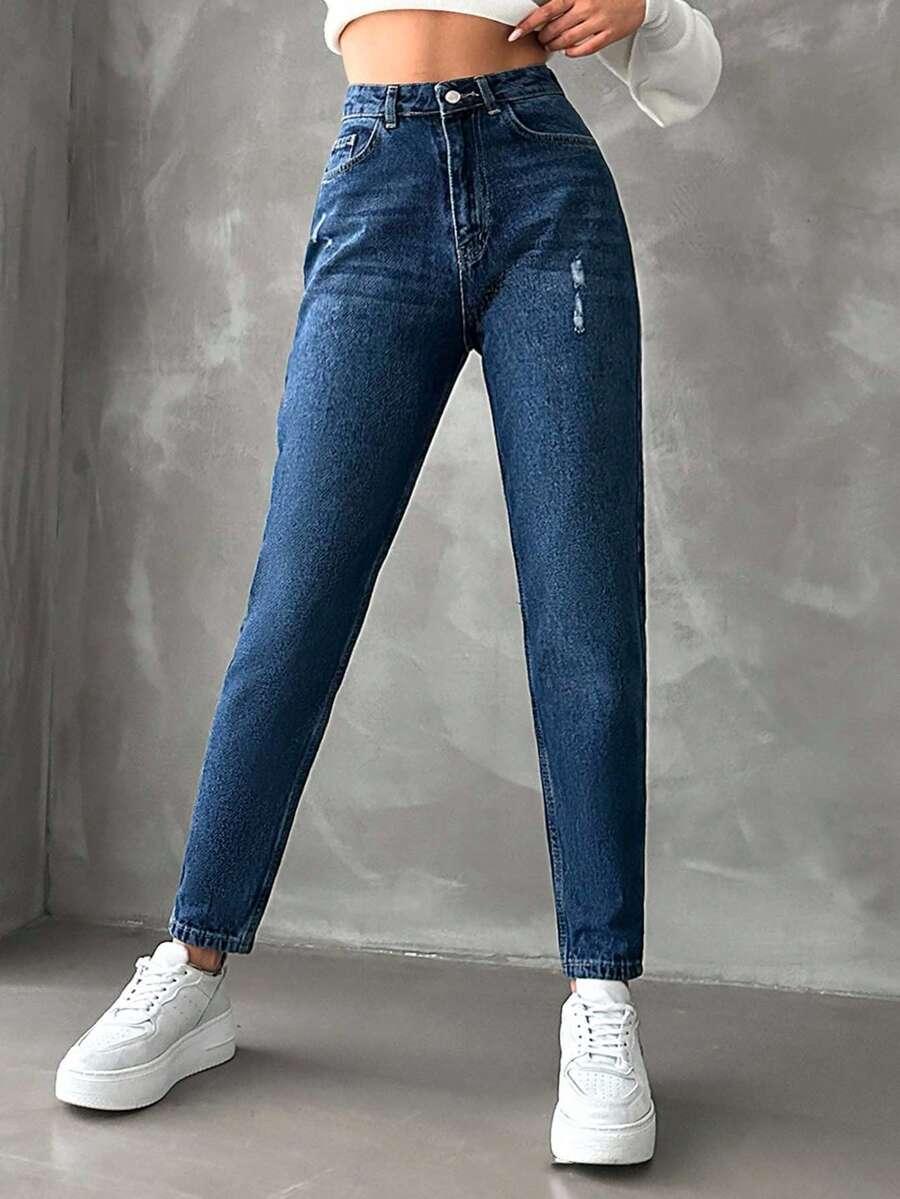 granatowe spodnie mom jeans