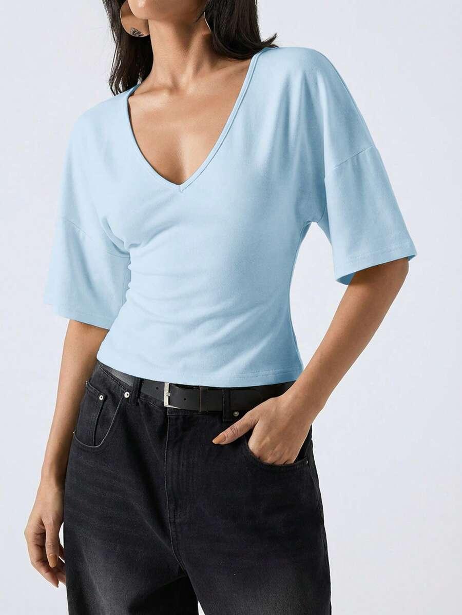NIEBIESKA BLUZKA V-NECK