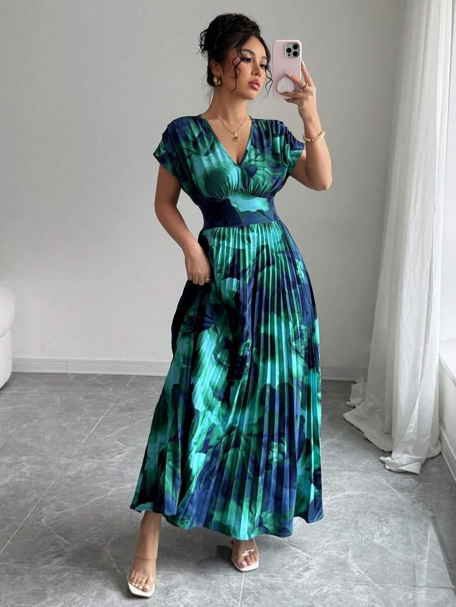 plisowana maxi sukienka v-neck
